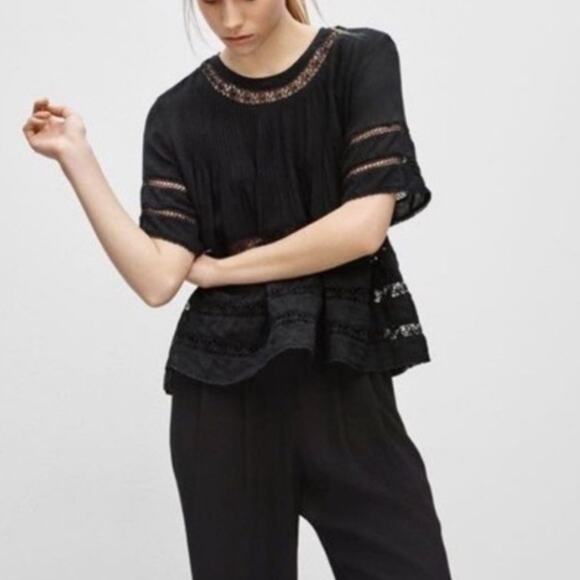Aritzia Wilfred Beaudry Top XS Black Pintuck Pleated Crochet Peasant Blouse Chic - Picture 9 of 11